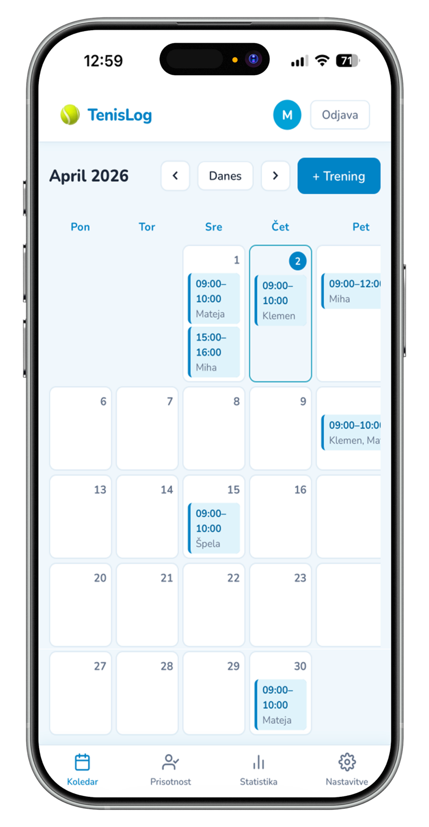 TenisLog aplikacija na iPhonu