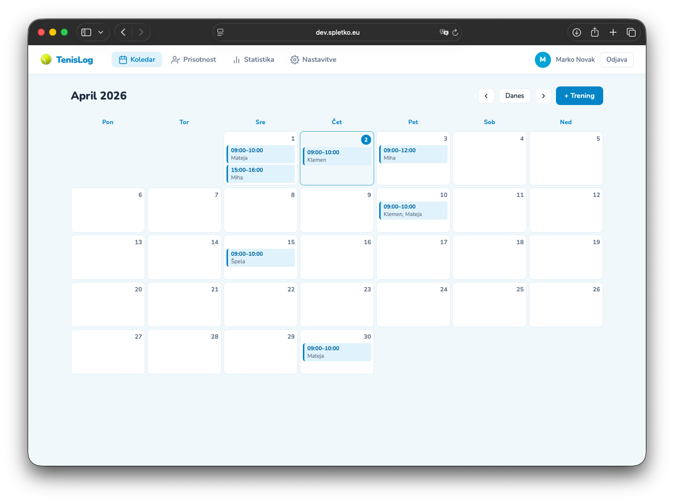 Prijava in upravljanje treningov